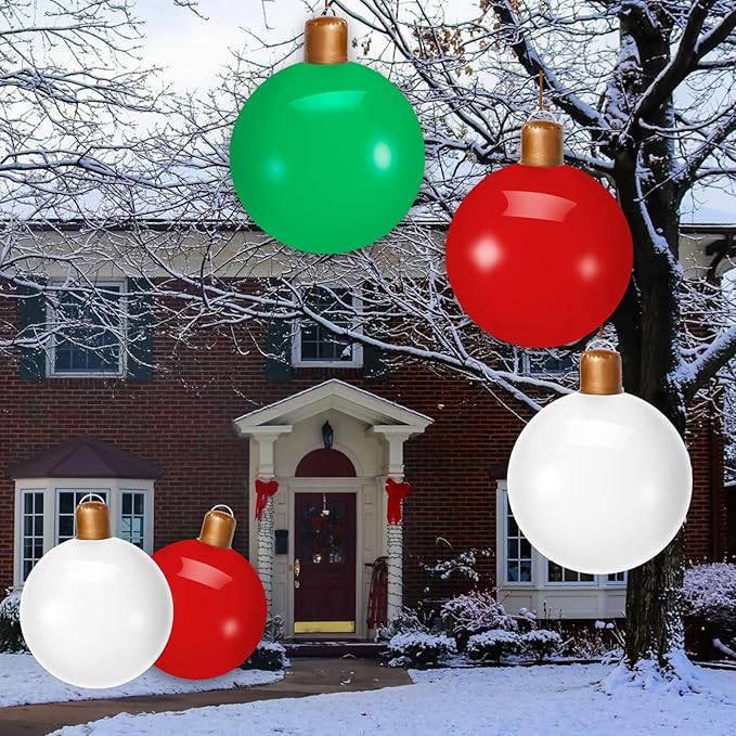 3PCS Christmas Inflatable Decorated Ball 18in Yard Inflatable Christmas Balls Giant Xmas Tree Ornaments PVC Blow up Yard Decorations for Outside Holiday Yard Lawn Porch Decor (Red White Green)