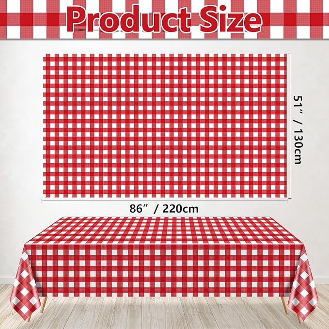 4 Pack Red Gingham Tablecloths, Red and White Checkered Tablecloths 86.6 x 51.2 Inches Gingham Table Covers Rectangular Waterproof Picnic Table Covers for Birthday Party Crawfish Boil Party Supplies