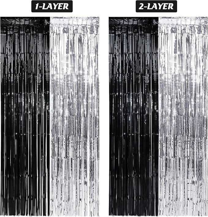 6 Pack 3.3Ft x 6.6Ft Graduation Foil Fringe Curtain Backdrop Decorations, Black Silver Metallic Tinsel Foil Streamers Curtain Photo Background for Graduation Prom Wedding Birthday Party Decorations