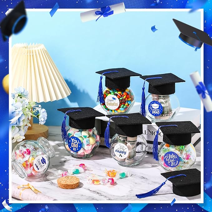 20 Sets Glass Graduation Cap Candy Jars Class of 2026 Graduation Party Decorations Candy Boxes Containers with Sticker for 2026 Grad Ceremony Party Supplies DIY(Blue and Gold)