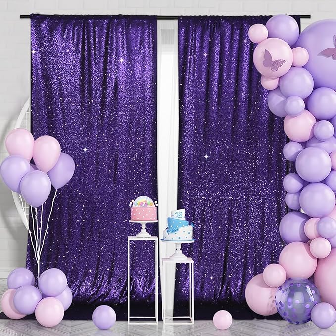 PartyDelight Purple Sequin Backdrop 5x10ft 2 Panels - High Density 3mm Shimmer Sequin Background with 4-Inch Rod Pocket, Sparkly Photography Curtain for Wedding, Stage & Event Decor