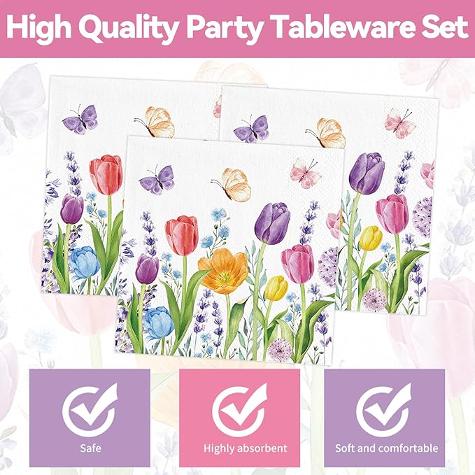 40Pcs Tulip Plates and Napkins Party Supplies, Disposable Spring Floral Plates Napkins Tableware Set for Picnic Wedding Baby Shower Bridal Shower Birthday Tea Party Decorations (Tulip)