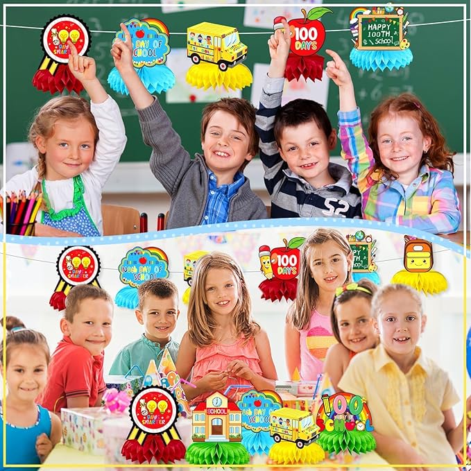 JULMELON 8 PCS 100 Days of School Decorations Honeycomb Centerpiece, 6 Inch Diameter, Red, Green, Yellow, Blue, Includes Honeycomb Centerpieces