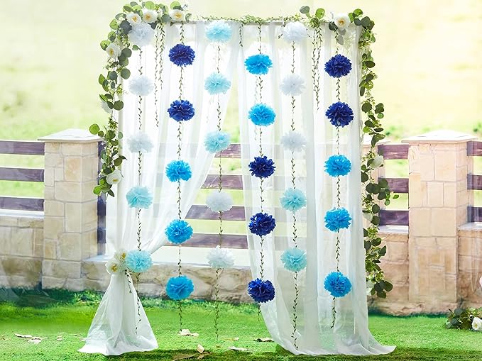 XIANNVXI Blue Tissue Paper Pom Pom Garlands Artificial Flowers Hanging Decorations 8.2ft Hanging Flowers Garland for Birthday Bridal Shower Party Spring Decorations 2PCS（Blue Gradient）