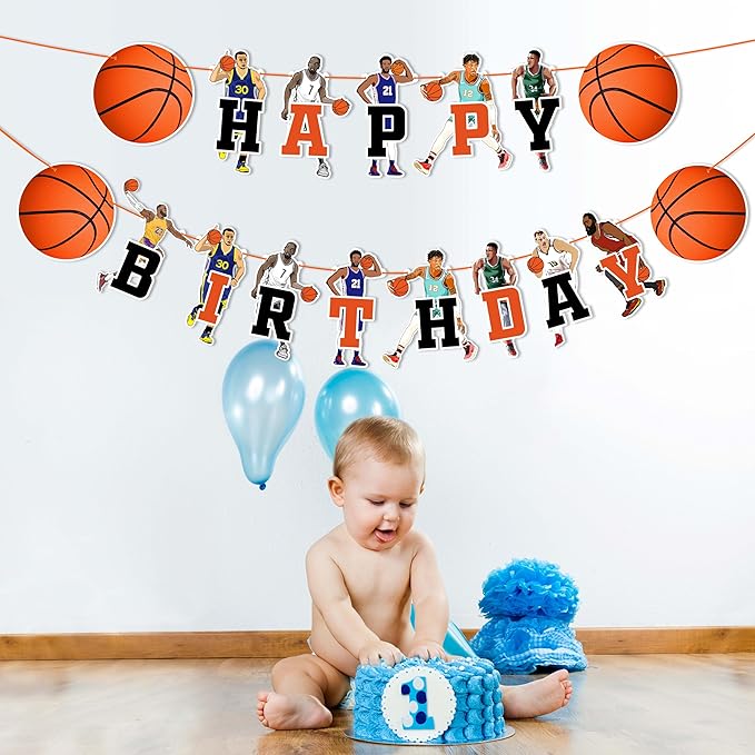 "Basketball Happy Birthday Banner – Sports Themed Party Decorations for Adults – Slam Dunk Basketball Birthday Party Supplies – Backdrop for Dessert Table, Cake Smash, High Chair, and Team Celebrations"