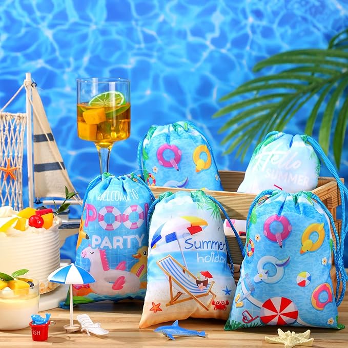 Capoda 24pcs Pool Party Favors Bags Summer Beach Drawstring Bags Hawaiian Backpacks Swimming Pool Decoration for Summer Birthday Beach Hawaiian Supplies