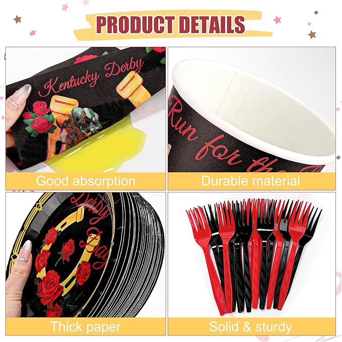 Kochorie 144 Pieces Horse Racing Party Tableware Sets Including Disposable Plates Napkins Cups Forks Serves 24 for Birthday Horse Theme Party Supplies