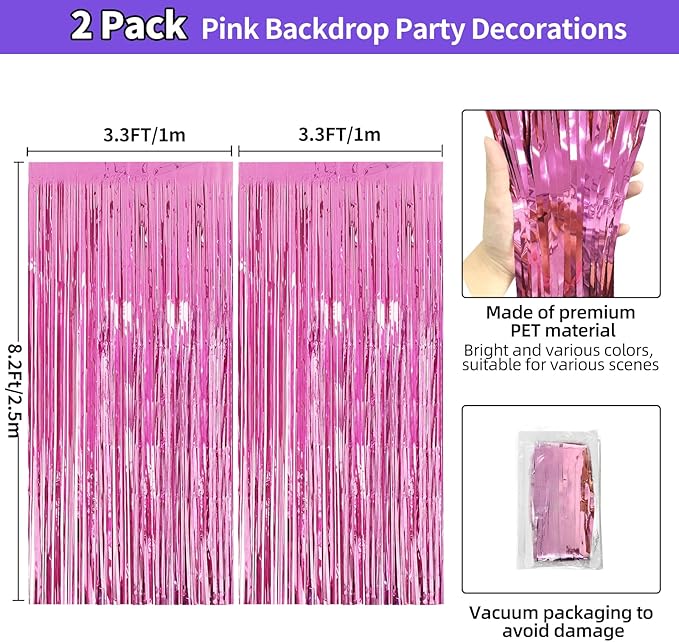 Pink Backdrop Birthday Party Decorations 3.3x8.2ft, 2 Pack Tinsel Foil Fringe Curtains for Valentines Day, Door Streamers for Galentines Easter Mother's Day Friendsgiving Barbie Princess Wedding