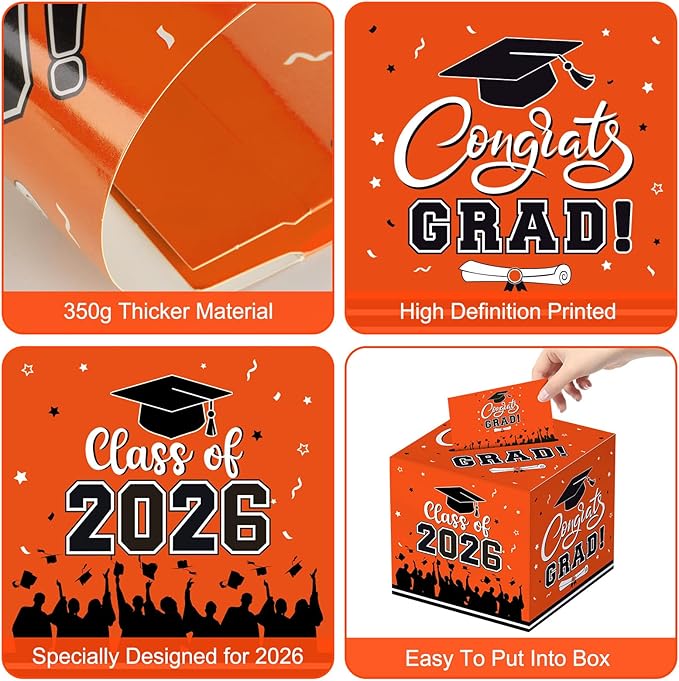 Graduation Card Box 2026 - Congrats Grad Card Boxes Holder, Orange Class of 2026 Graduation Gift Cards Box for Graduation Party Decorations 2026 Favors Decor Supplies Props, 9x 9 x 9 inches