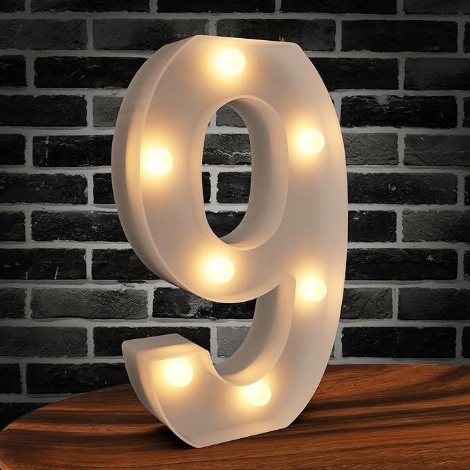 Marquee Numbers Light up Numbers, 0-9 Number Battery Powered LED Light, White Plastic Numbers Sign, Night Light Number Decor for Graduation Engagement Wedding Baby Shower Birthday (Number 9)
