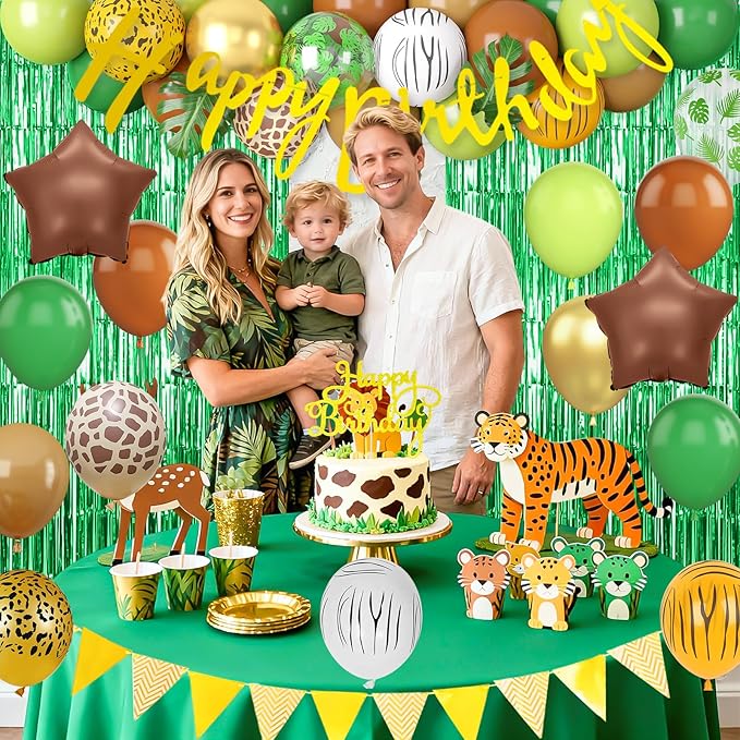 Jungle Safari Birthday Decorations for Boys, Green Brown Animal Print Latex Balloons with Happy Birthday Banner Cake Topper Fringe Curtain Palm Leaves for Kids Woodland Themed Party Decor