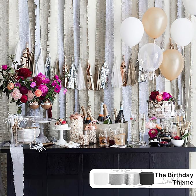 PartyWoo Silver Crepe Paper Streamers 10 Rolls 820 ft Pack of Metallic Silver Crepe Paper for Graduation Baby Shower New Year Birthday Party Decorations (1.8 Inch x 82 Ft/Roll), Silver-706