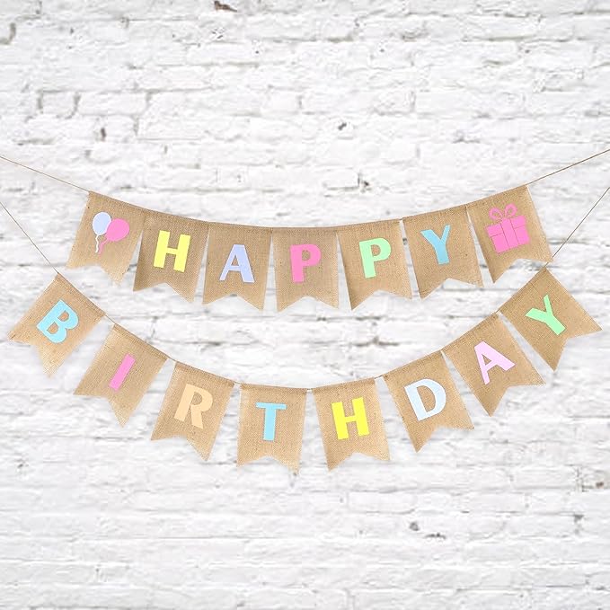 HUIHUANG Happy Birthday Burlap Banner - Colorful Pastel Bunting Banner Garland Flags for Rustic Birthday Party Decorations