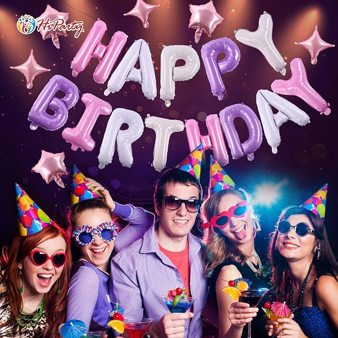 Birthday Banner, 3D Mylar Foil Happy Birthday Balloons, 24pcs Birthday Party Decorations with 6pcs Star Balloons for Kids Girls Women Adults Ecofriendly Party Supplies, Pantone