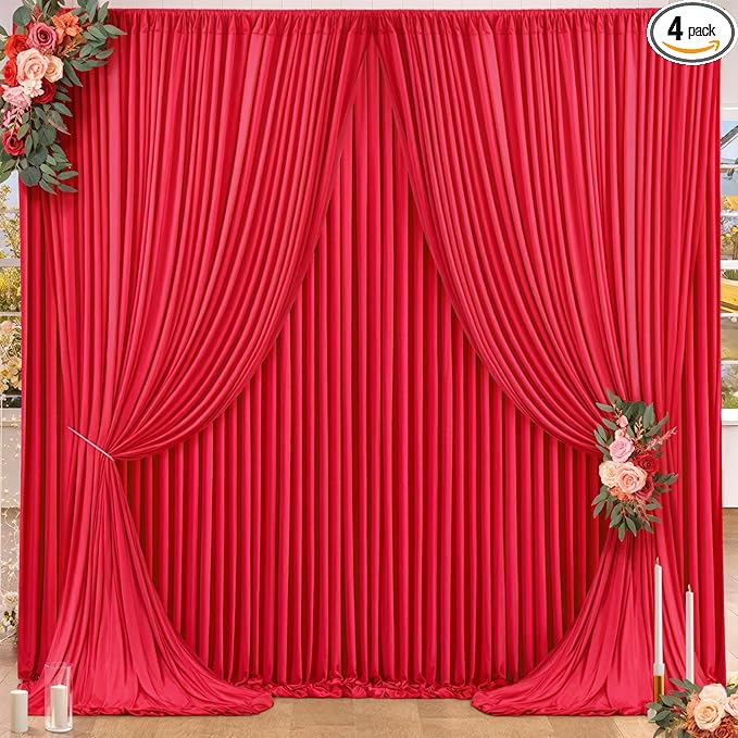 16x10FT Red Backdrop Curtains for Wedding Parties, Wrinkle Free Polyester Photography Backdrop Drapes for Wedding Baby Shower Birthday Parties Stage Background Stand Decorations 4x10ft,4 Panels