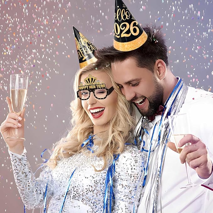 New Years Eve Party Supplies 2026 48 PCS Happy New Years Decoration Hats Glasses Headband for 2026 Party Props Festival Decorations Count Down NYE Party Supplies Favors (Black-2)