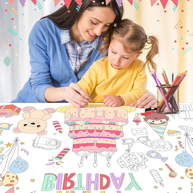 Happy Birthday Giant Coloring Poster 71 x 31 inches Large Birthday Party Coloring Tablecloth for Kids, DIY Cake Balloons Hats Banners Coloring Party Activity Poster & Table Cover,Jumbo Coloring Banner