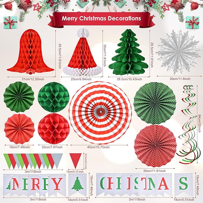 Ahfulife Christmas Party Decorations Supplies Set, Reusable Xmas Decor Kit Indoor - Merry Christmas Sign Banner for Home, Xmas Pennant Banner, Hanging Paper Tissue Fan Tree Garland