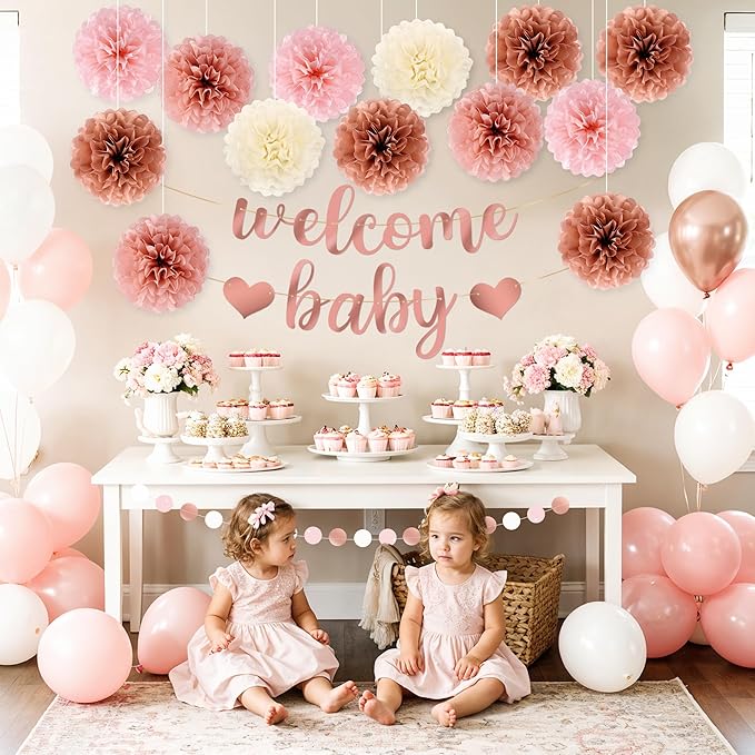 Kriyokiaa 15 Pcs Baby Shower Decorations for Girl Dark Rosegold Baby Shower Decorations with Welcome Baby Banners Paper Flower Pom Poms Perfect for Indoor & Outdoor Celebrations