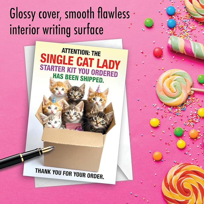 NobleWorks - 1 Funny Birthday Greeting Card w/ 5 x 7 Envelope For Men, Women - Bday Single Cat Lady C8469BDG