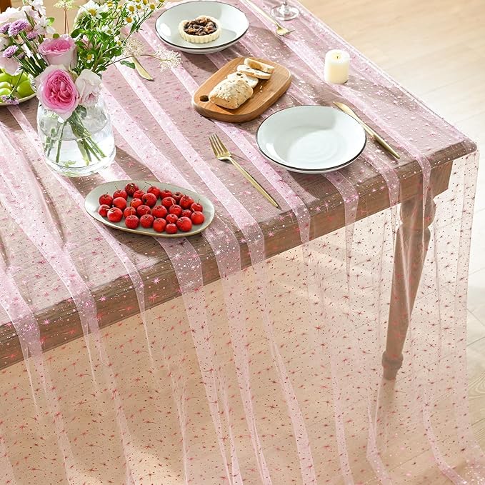 Horaldaily Pink Gold Sparkling Star Gauze Tablecloth 60x120 Inch Rectangular, Pink Star Sequin Glitter Metallic Foil, Sheer Tulle Cheesecloth for Wedding Baby Shower Party