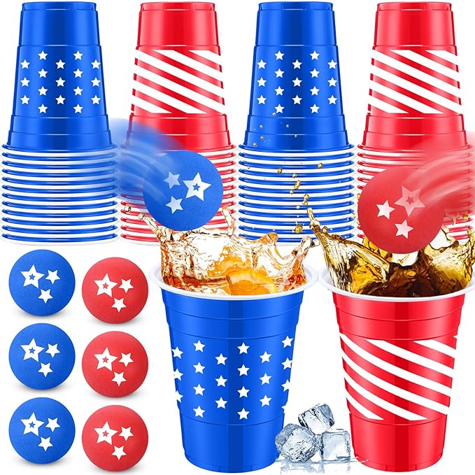 32 Pcs Red Blue White Party Game Set Include 16oz Patriotic Plastic Cups with 8 Star pattern Balls,4th of July Cups Memorial Independence Day Veterans Labor Juice Beverage Toss Game Supplies
