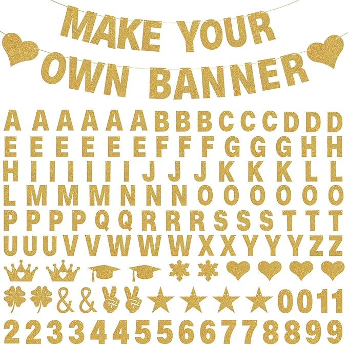 133PCS DIY Banner Kit with Letters Symbols,Make Your Own Banner,Personalized Gold Banner Custom Party Banner for Birthday/Graduation/Thanksgiving/Halloween/Valentine's Day/Retirement (Gold)