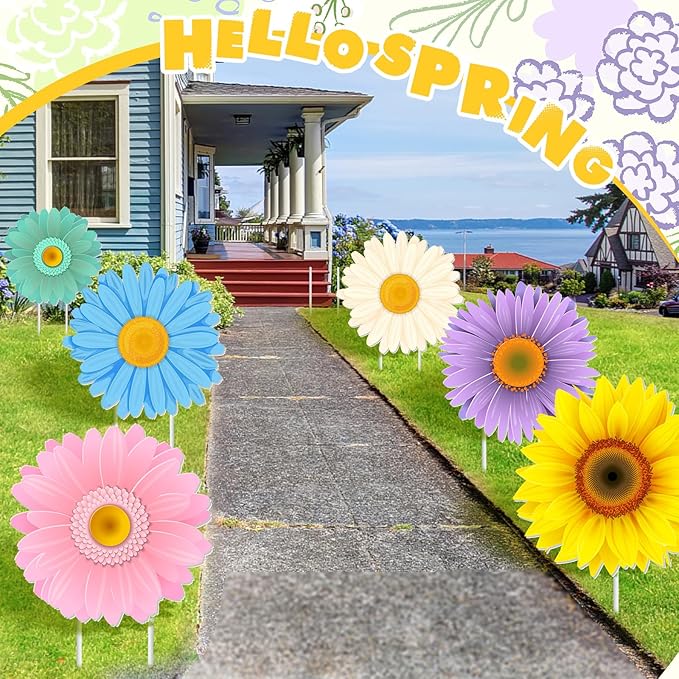 Amyhill 12 Pcs Spring Flower Yard Decoration for Outdoor Floral Daisy Garden Lawn Signs with Stakes Waterproof Hello Spring Decor for Easter Festive Holiday Party Patio Lawn Walkway Decorations
