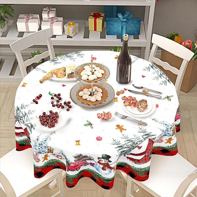 Merry Christmas Tablecloth Round 60 Inch Snowman Winter Table Cloth Washable Black Red Buffalo Plaid Snowflake Christmas Table Cover for Kitchen Dinner Room Holiday Party Indoor Outdoor Home Decor