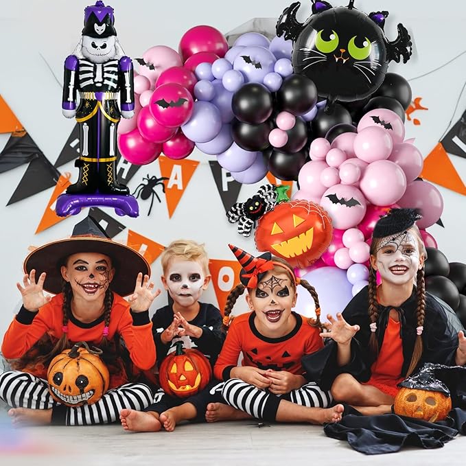 Halloween Balloons Garland Arch Kit, Macaron Pink Purple Balloons with Skeleton Guard Pumpkin Bat Foil Balloon, Black Hot Pink Halloween Balloon with 3D Fake Bats For Party Home Garden Decorations