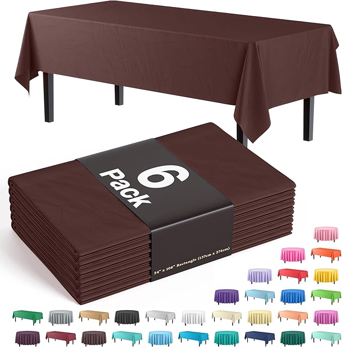 Exquisite Party Solids 6-Pack Premium Plastic Tablecloth 54in. X 108in. Rectangle Plastic Table Cover - Brown