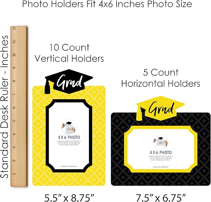 Big Dot of Happiness Yellow Graduation Photo Display Centerpiece Kit - 15 Double-Sided Photo Table Topper Sticks, Vertical and Horizontal 4x6 Picture Holders, DIY Party Decoration Set