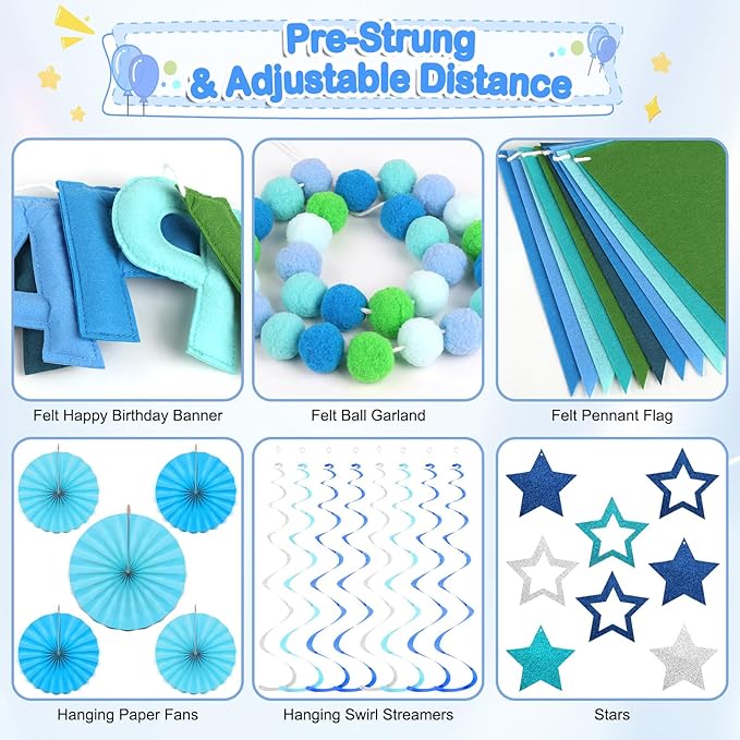 Pre-Strung Happy Birthday Banner, Reusable Felt Birthday Party Decorations, 3D Effect Happy Birthday Sign with Felt Ball Garland, Pennant Flag, Hanging Paper Fans for Men Women Boy Girls (Blue)