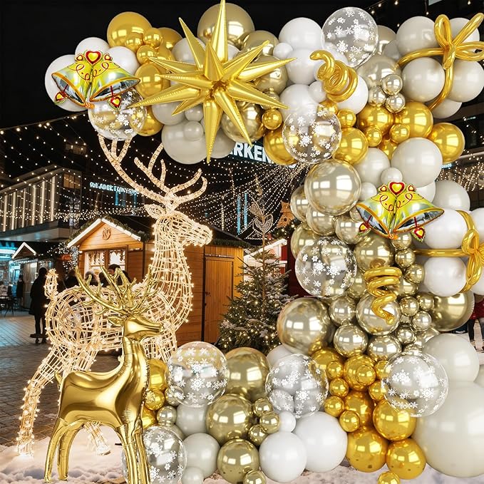 Christmas Party Decorations Xmas Balloon Arch Kit 121pcs White Gold Snowflakes Balloon with Metallic Light Gold Balloons Beige Gold Star Reindeer Deer Bell Foil Christmas Mylar Balloons for New Year
