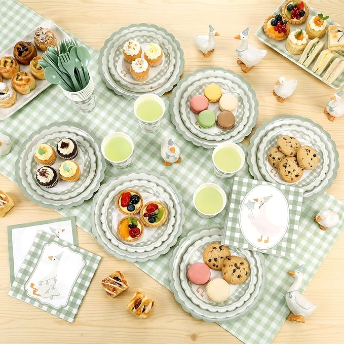 Zhehao 350 Pcs One Silly Goose Birthday Party Tableware Set Sage Green Scalloped Baby Shower Plates Cup Napkins Forks for Birthday Party Decorations Supplies for 50 Guests