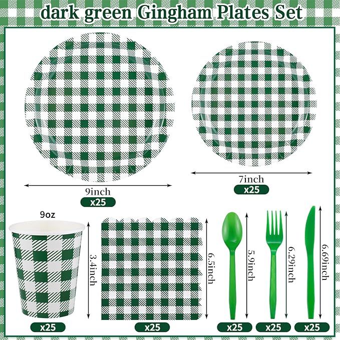 175 Pcs Gingham Party Supplies Include Green Gingham Plates and Napkins Cups Plastic Cutlery Disposable Green Checkered Plates Set for St Patricks Day, Picnic, Baby Shower, Golf Party