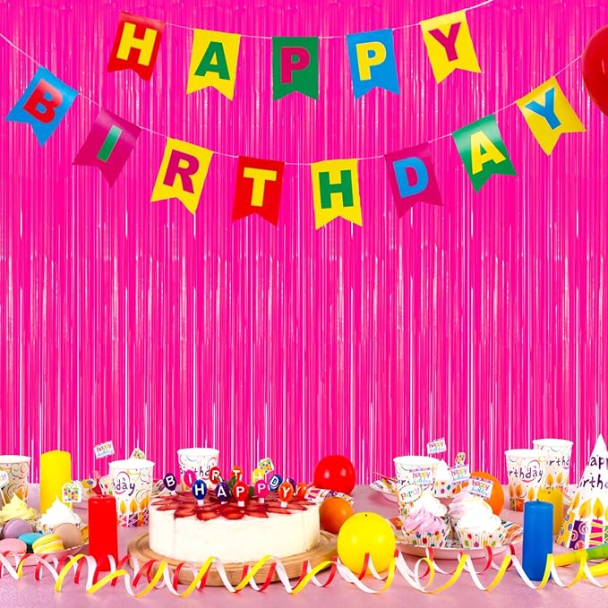 2 Pack Foil Fringe Backdrop - Fluorescent Rose Red Shiny Tinsel Curtains for Party Decoration/Photo Booth Props - 3.3x6.6 FT Metallic Foil Backdrop for Birthday/Wedding/Graduation/Christmas