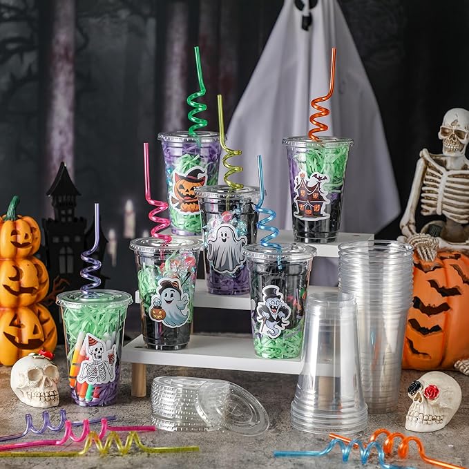 Qinyoung 24 Set Creative Halloween Classroom Favor Trick or Treat Plastic Cup with Lid Colorful Straw Sticker and Raffia Treat Loot Bag Set for Kid Student Halloween Party Favor School Class Gift Idea