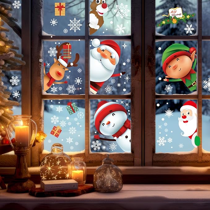 227 PCS Christmas Snowflake Window Clings Decoration, Christmas Window Stickers, Indoor Xmas Party, Snowflake Santa Claus Reindeer Decals, Thanksgiving Party Décor, Winter Holiday Decor Home Party.