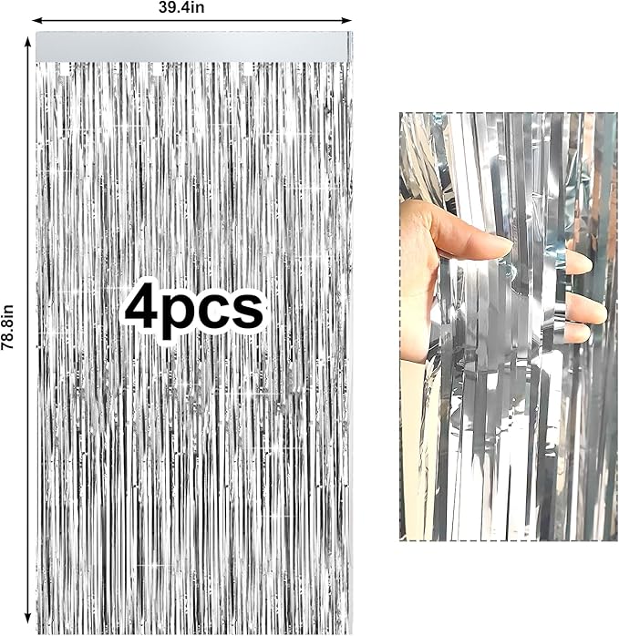 4 Packs Silver Foil Fringe Curtain, Silver Metallic Tinsel Backdrop for Birthday, Wedding, Baby Shower, Engagement, Bachelorette Party, Christmas Holiday Celebration Party Decorations Supplies