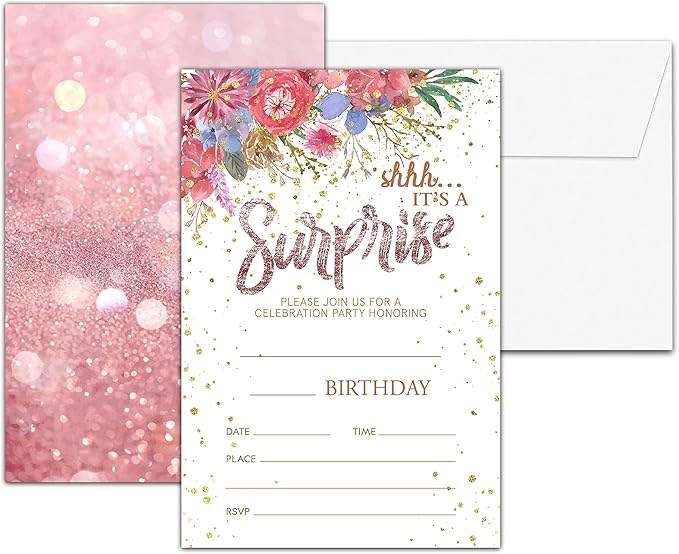 Birthday Party Invitations, Floral Glitter Birthday Invitations, Double-Sided Fill In Birthday Invites, Birthday Party Favors Decorations Supplies, 20 Cards With 20 Envelopes(Invite-A03)