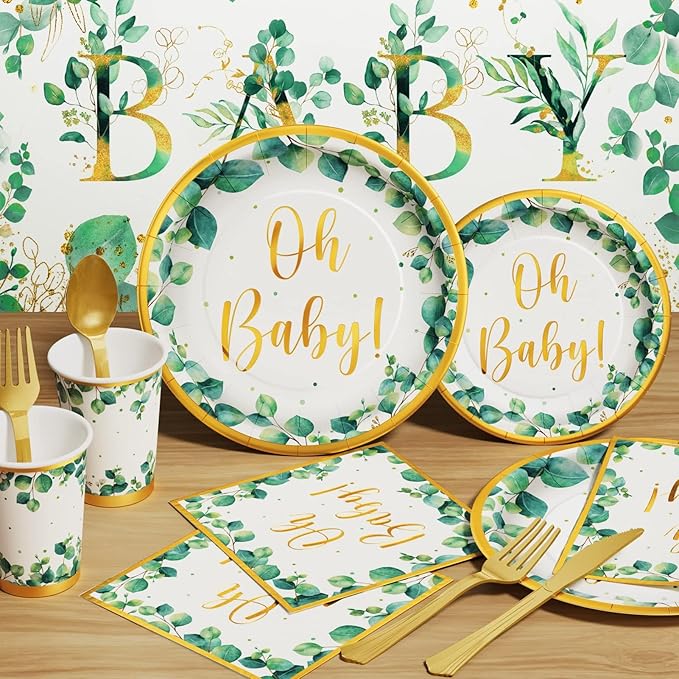 Ecomore Girl Boy Sage Green Baby Shower Decorations 247 PCS (25 Guest) Boho Greency Party Supplies with Paper Plate Napkin Cup Cutlery & Tablecloth Oh Baby Backdrop Balloon Kit for Gender Reveal Decor