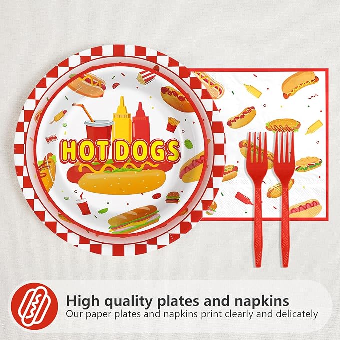 Grencian 96Pcs Hot Dog Birthday Party Supplies Fast Food Party Plates and Napkins Disposable Hotdog Birthday Decorations Tableware Set for Picnic Baby Shower Sausage Summer BBQ Serves 24
