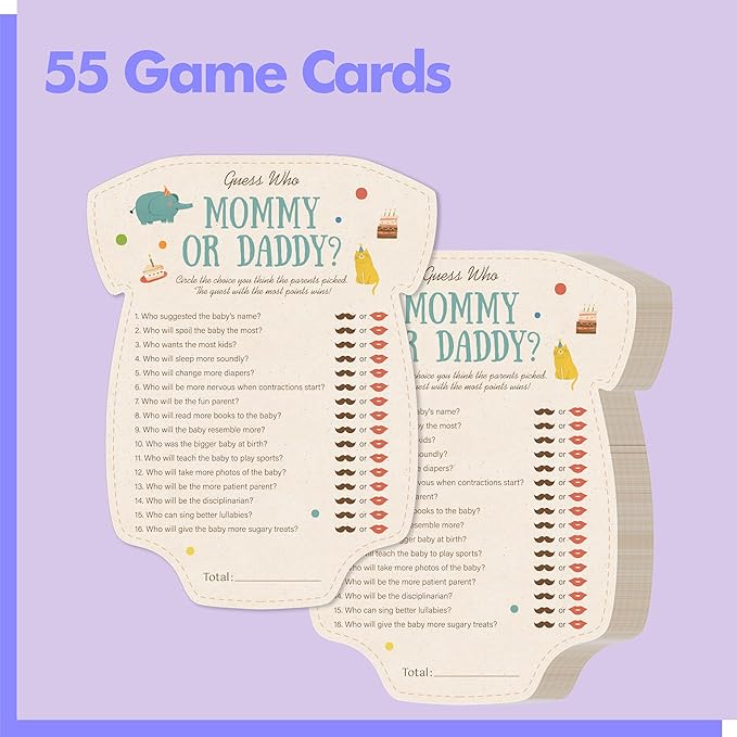 55PCS Baby Shower Games, Guess Who Mommy or Daddy Game Cards Fun Baby Shower Party Supplies-Gender Neutral for Girls or Boys
