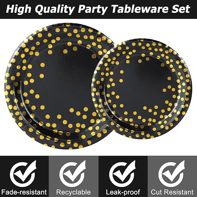 350 Pcs Black and Gold Party Plates Cups and Napkins Sets Black Gold Foil Dot Disposable Dinner Tableware Set With 7" 9" Plates Napkins Cups Knife Fork Spoon Party Supplies Serve 50 Guests