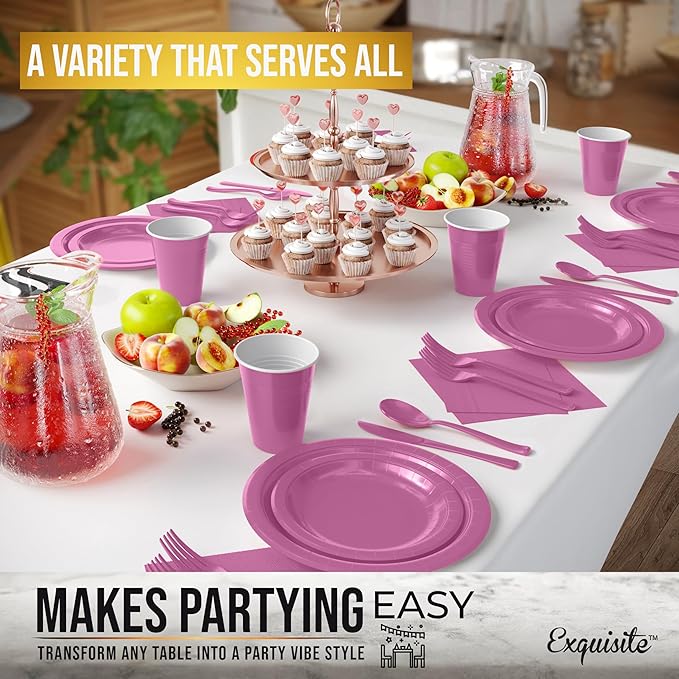 222 Pcs Hot Pink Paper Plates and Napkins Sets, Disposable Plates For Party, Lunch & Cocktail Napkins Paper, 18oz Plastic Cups, Cutlery and Hot Pink Table cloth Plastic Dinnerware Set