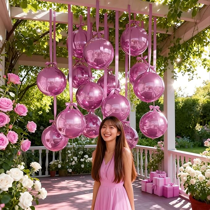 14 Pcs Pink Round Foil Balloons 22/15/10 4D Ball Balloons Light Baby Pink Metallic Balloon Ornament Mylar Balloon Chrome for Birthday Graduation Wedding Anniversary New Year Disco Party Decor