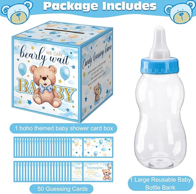 Glenmal 52 Pcs Baby Shower Games Gift Sets Large Baby Bottle for Shower Game Guess How Many Candies Decorations for Gender Reveal(Bear)