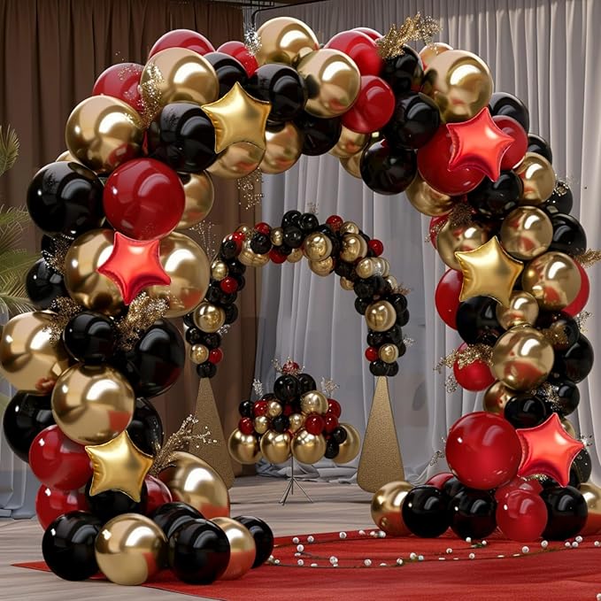 Red Gold Black Balloon Garland Arch Kit, 160Pcs Black Red Gold Latex Balloons with Star Foil Balloons for Anniversary Casino Night New Years Hollywood Movie Night Birthday Party Decorations