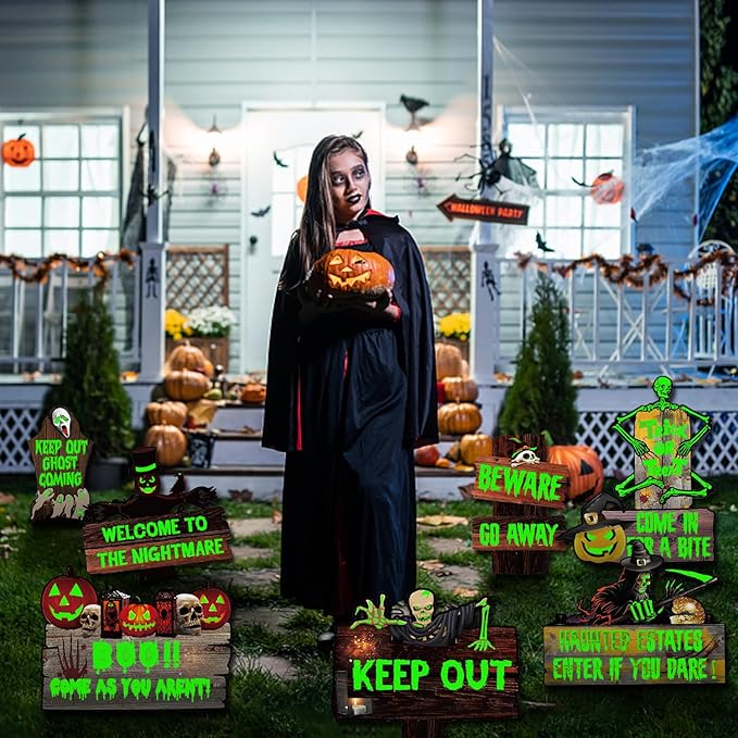 8 PCs Halloween Decorations Outdoor Tombstone Yard Sign With Stakes - Glow in the Dark Graveyard Tombstones, Pumpkin Ghost Props for Family Home Front Yard Lawn Garden Party Decor